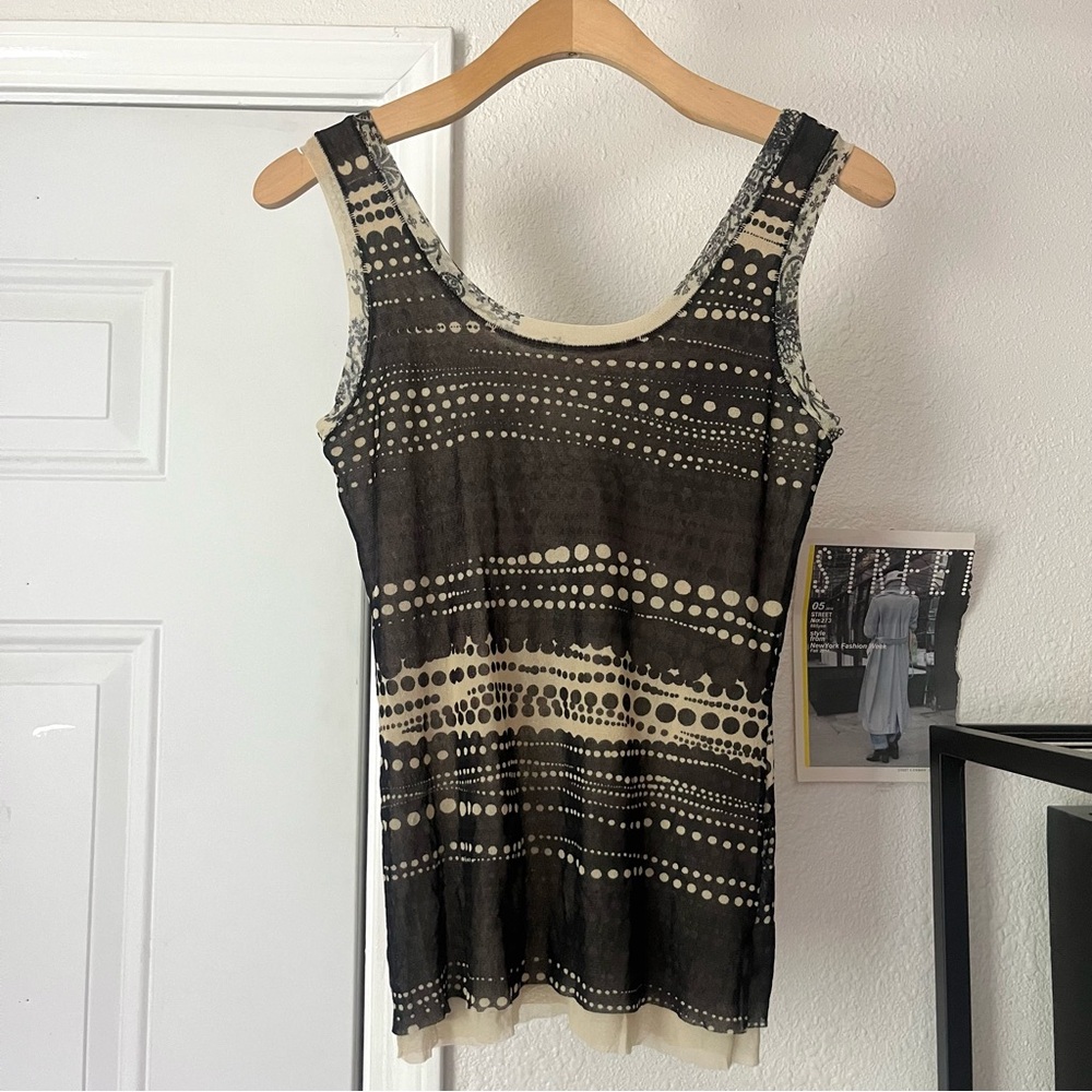 FUZZI cream black dot polka striped scoop neck mesh knit tank top
